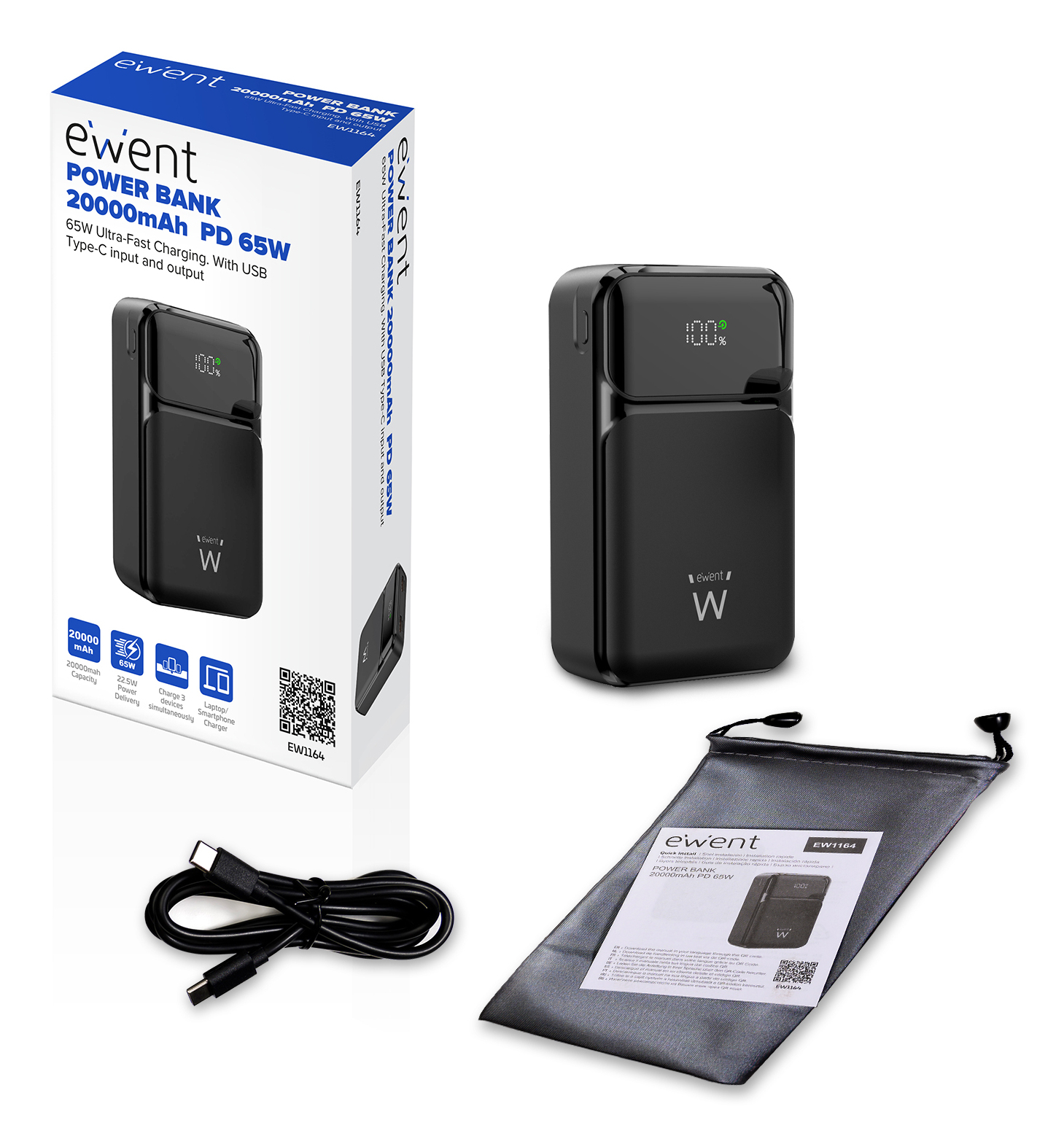 Ewent 65W Power Bank 20000mAh – Fast Charging External Battery with USB C Input & Output — miniatura 3