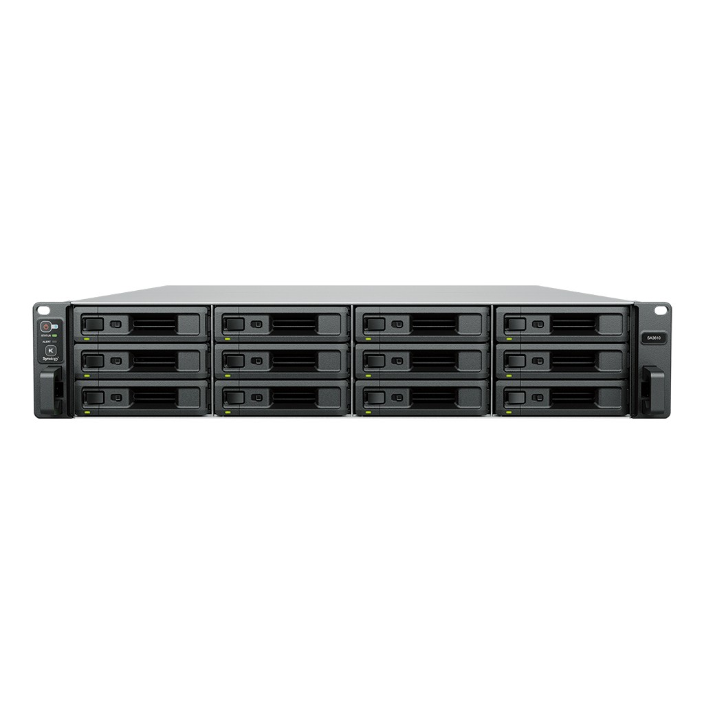 Synology SA3610 - Servidor NAS - 12 baias - montável em bastidor - SATA 6Gb/s / SAS - RAID (expansão de disco rígido) RAID F1, JBOD, 0, 1, 5, 6, 10 - RAM 16 GB - Gigabit Ethernet / 10 Gigabit Ethernet - iSCSI assistência - 2U — miniatura 2