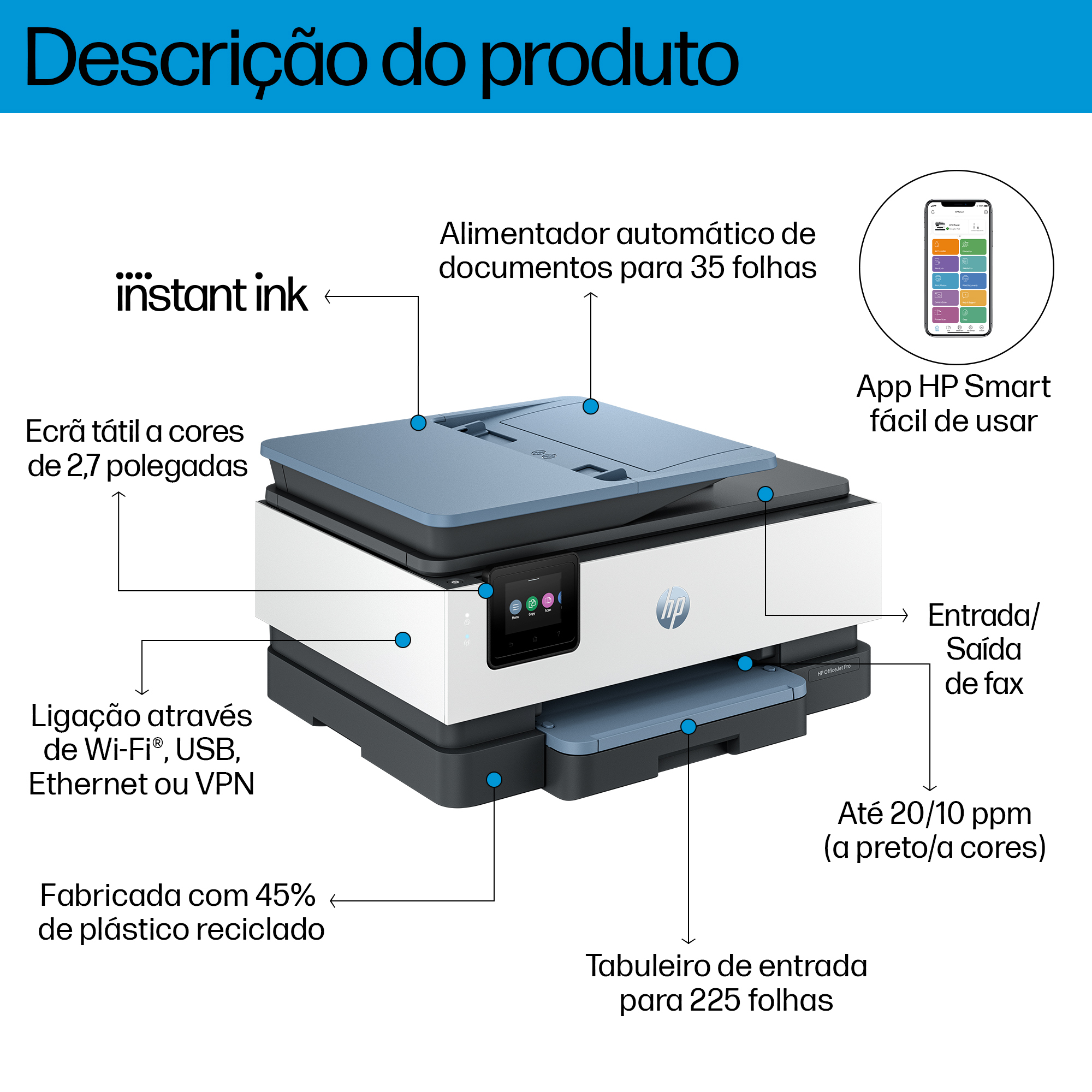 HP OfficeJet Pro 8125e Sem fios All-in-One Cor Impressora, Instant Ink; Impressão frente e verso — miniatura 4