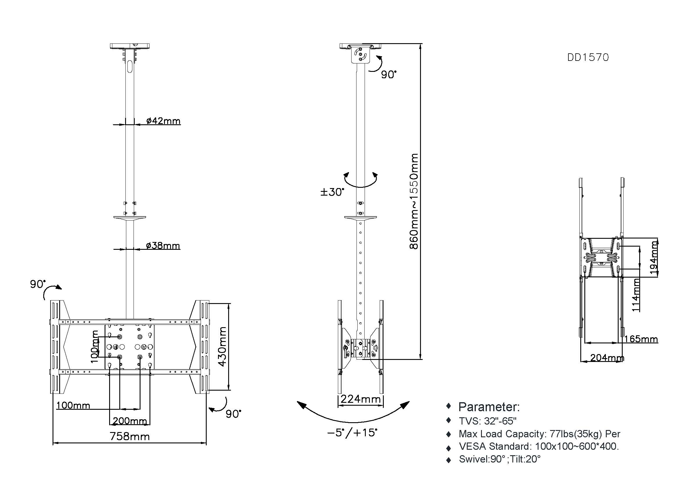 Equip Suporte de TV de ecrã duplo de 32“-75” para montagem no teto — miniatura 7