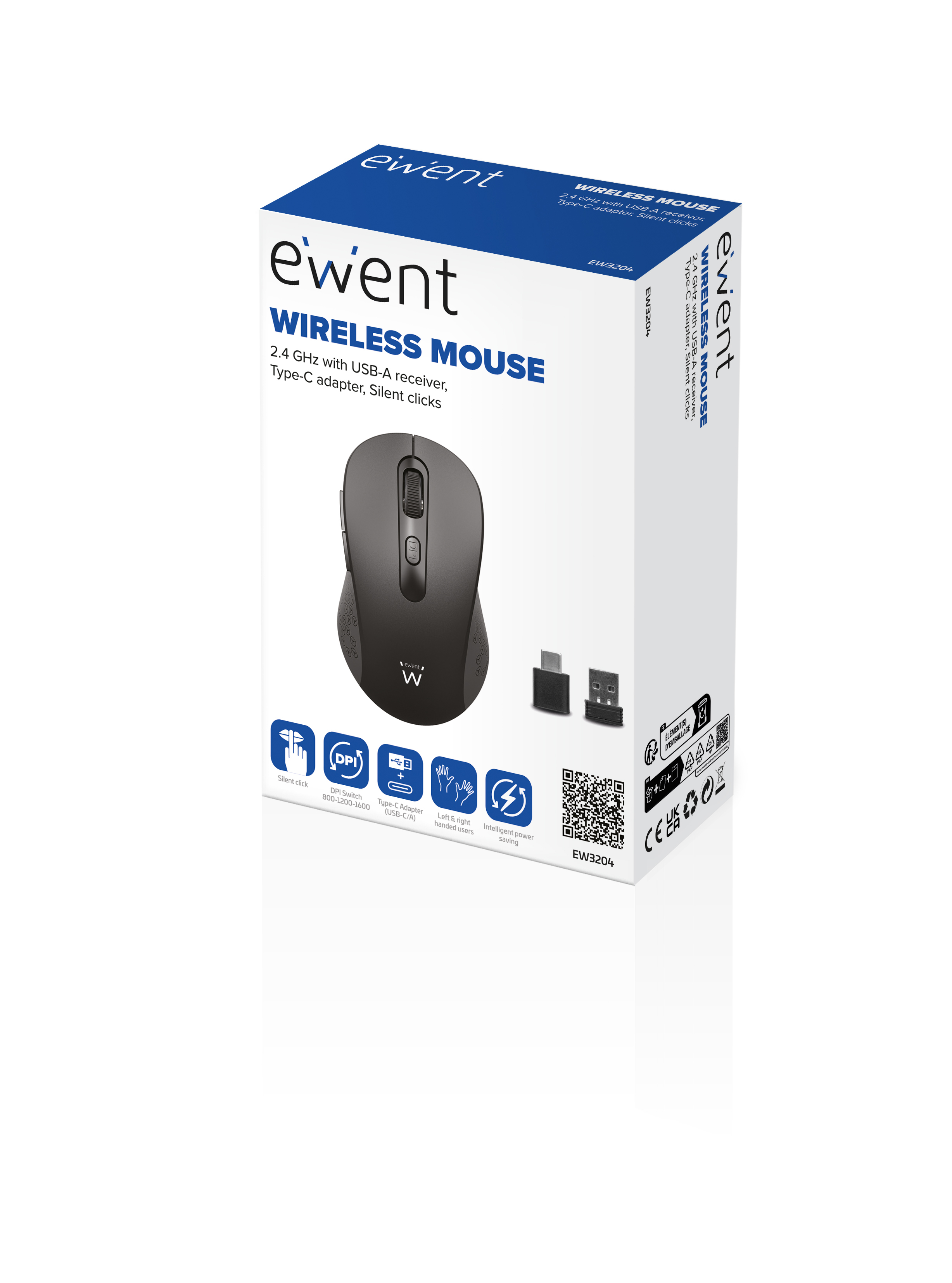 Ewent Rato sem fios 2.4GHz USB-A com botões silenciosos e adaptador Type-C — miniatura 2
