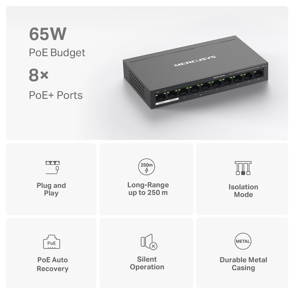 MERCUSYS 10 PORT 10/100MBPS DESKTOP SWITCH WITH 8 PORT POE+ — miniatura 4