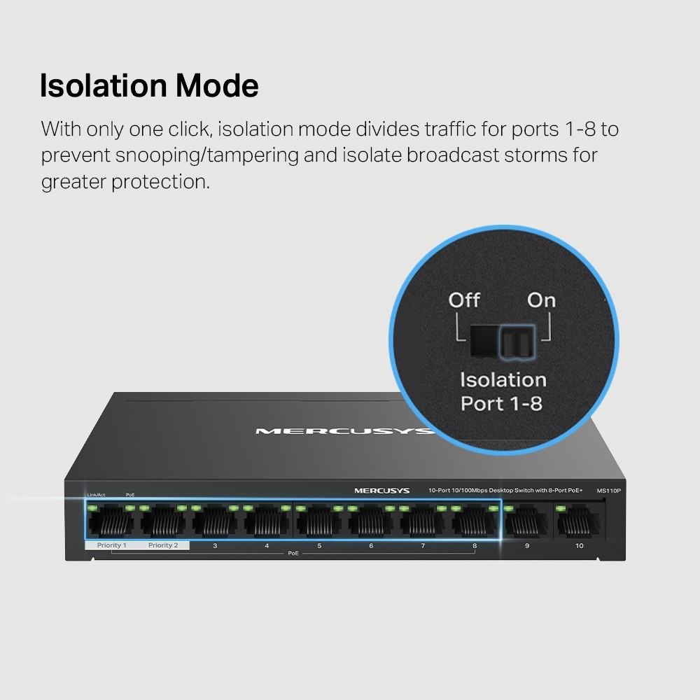 MERCUSYS 10 PORT 10/100MBPS DESKTOP SWITCH WITH 8 PORT POE+ — miniatura 7
