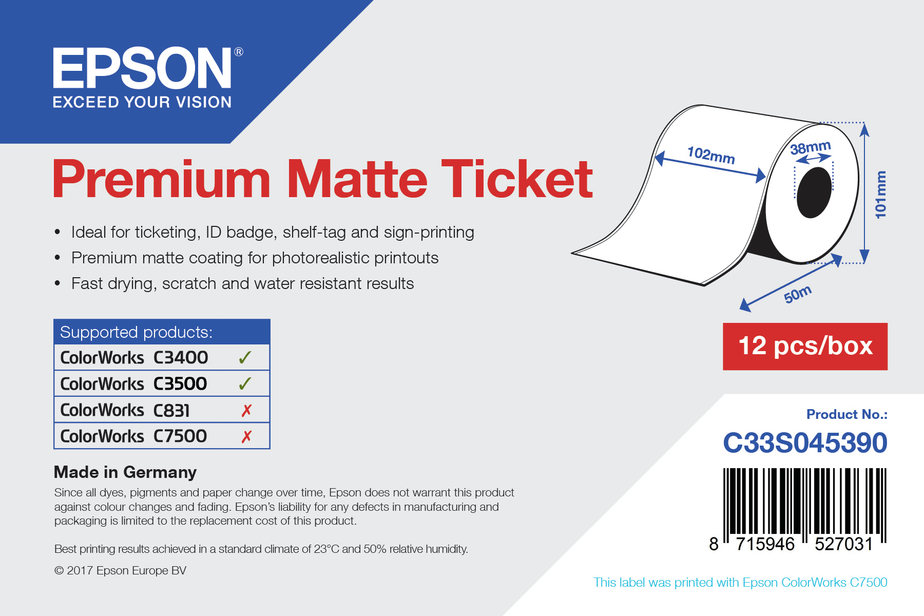 Epson Rolo de Premium Matte Ticket, 102 mm x 50 m