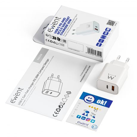 Ewent Carregador rápido USB-C PD e USB-A QC de 20W GaN, design compacto — miniatura 2
