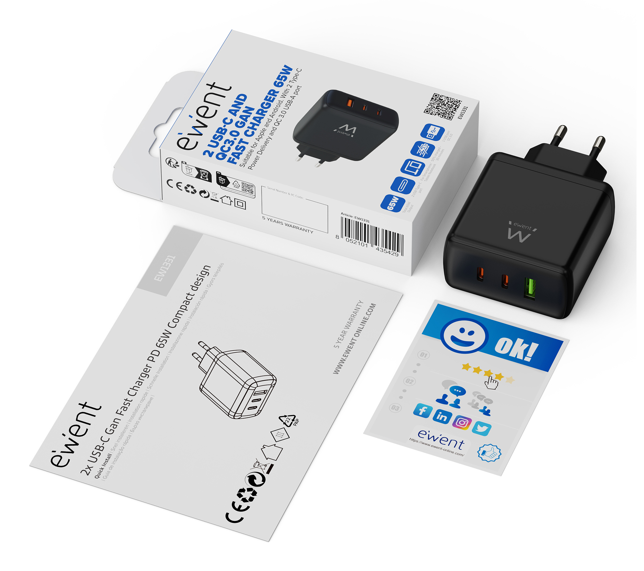 Ewent Carregador GaN Fast de 3 portas (2 USB-C PD e 1 USB-A QC) de 65W, Design Compacto — miniatura 2