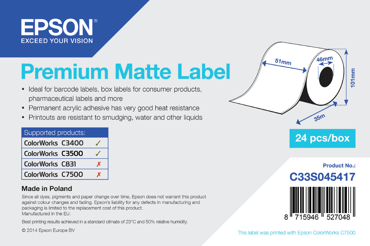 Epson Rolo de Premium Matte Label Continuous, 51 mm x 35 m