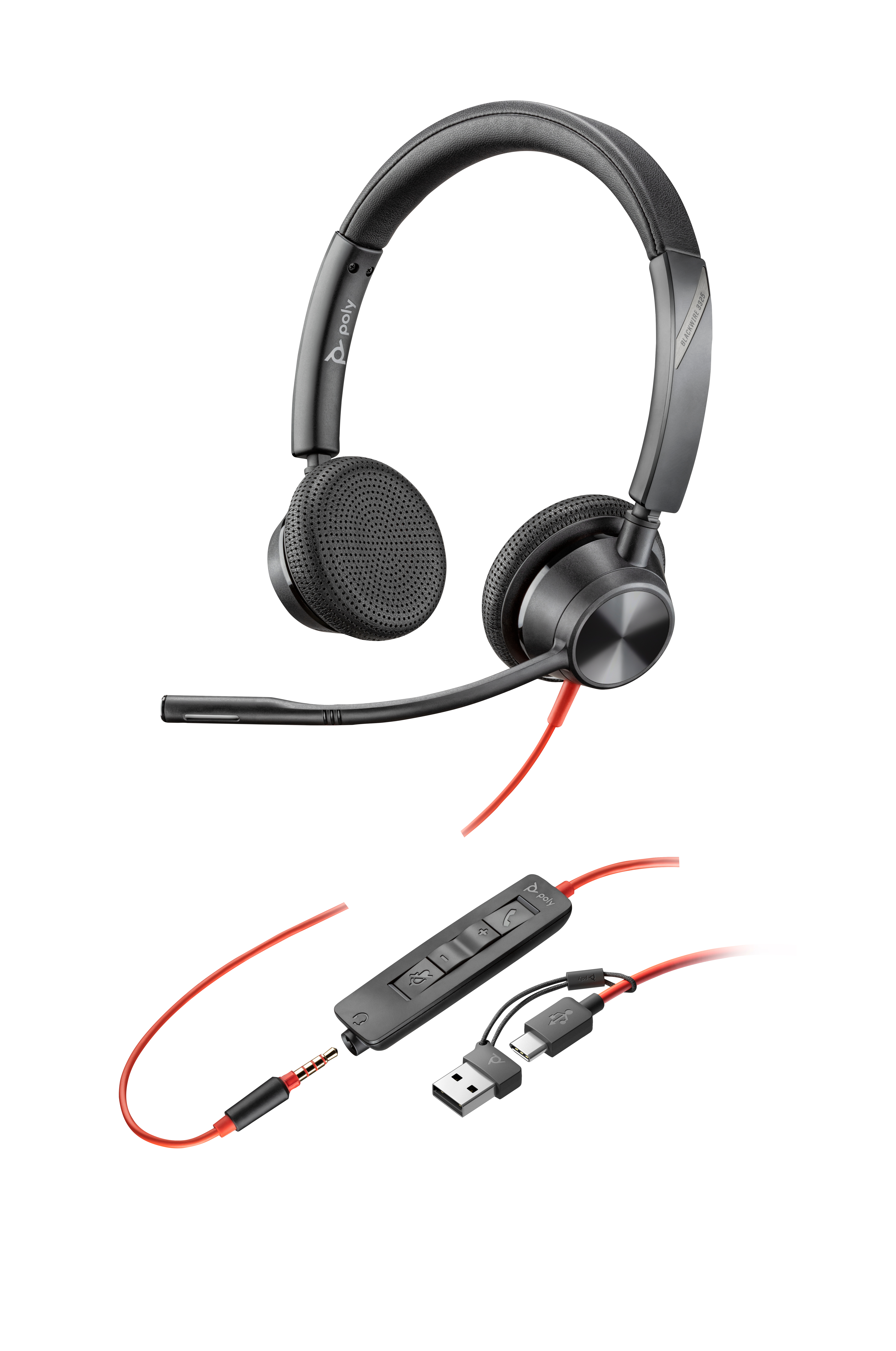HP Poly Headset Estéreo Poly Blackwire 3325 com USB-C + Conector de 3,5 mm + Adaptador USB-C/A