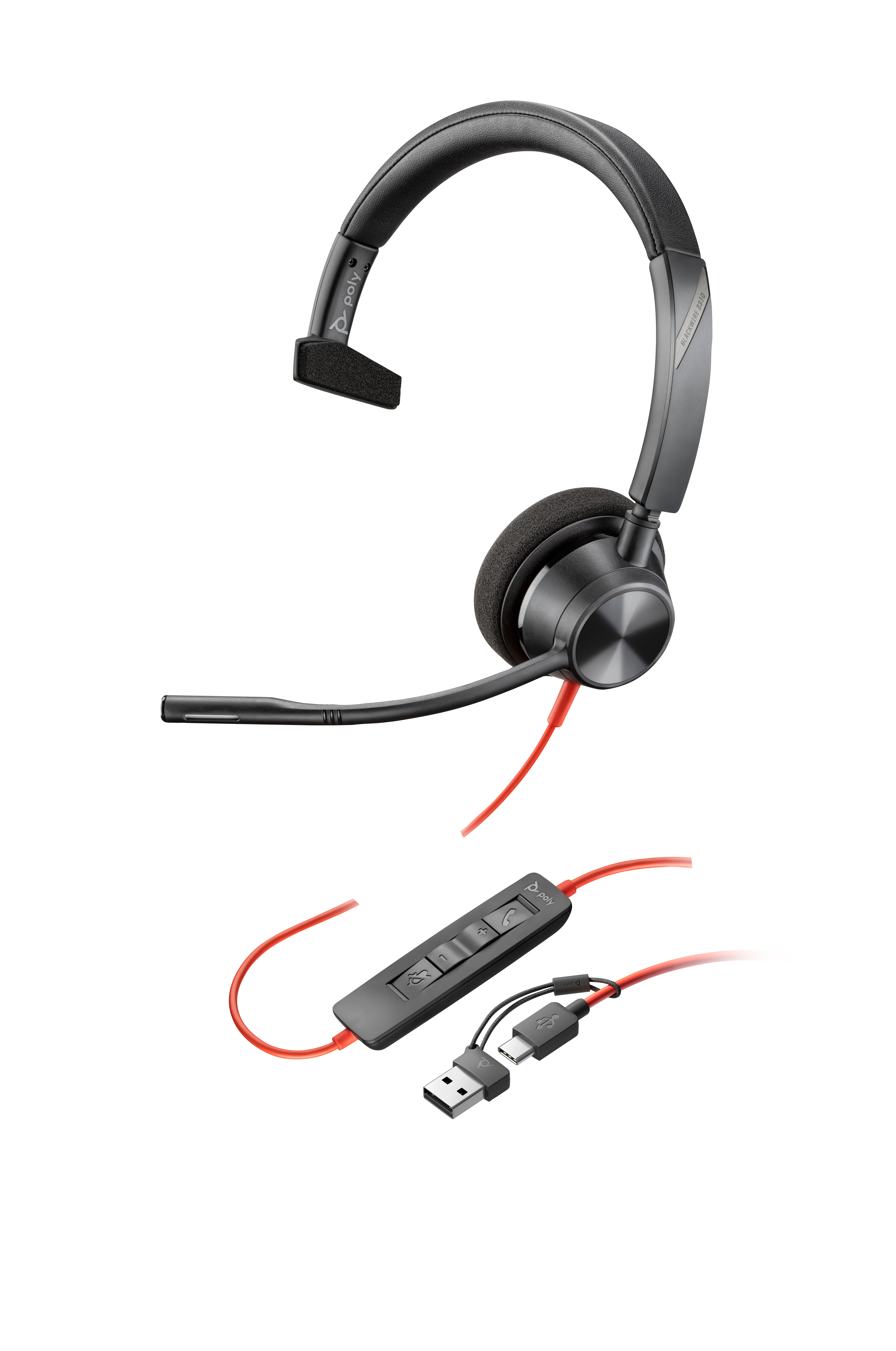 HP Poly Headset Monaural Poly Blackwire 3310 com USB-C + Adaptador USB-C/A