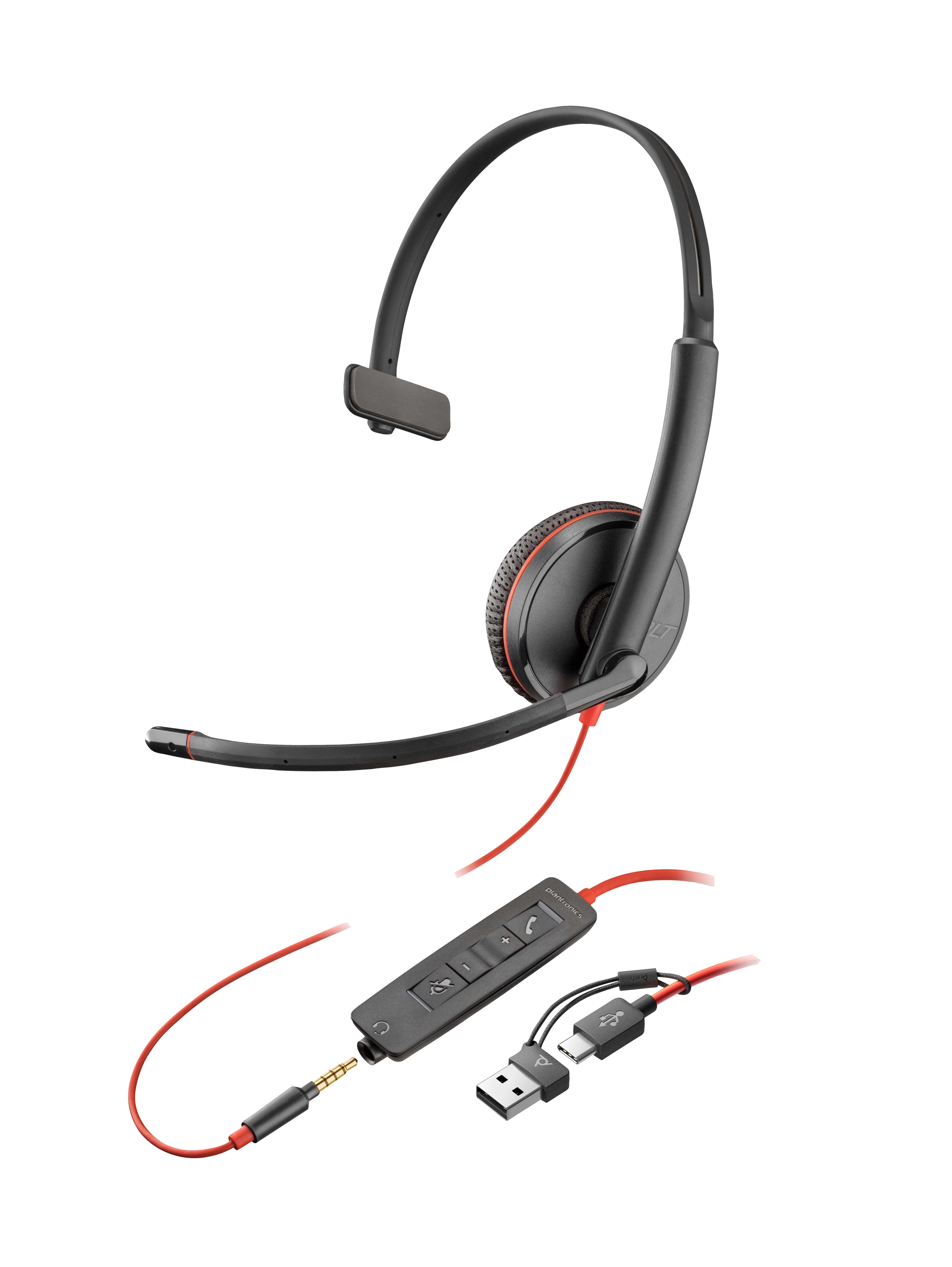 HP Poly Headset Monaural Poly Blackwire 3215 com USB-C + Conector de 3,5 mm + Adaptador USB-C/A