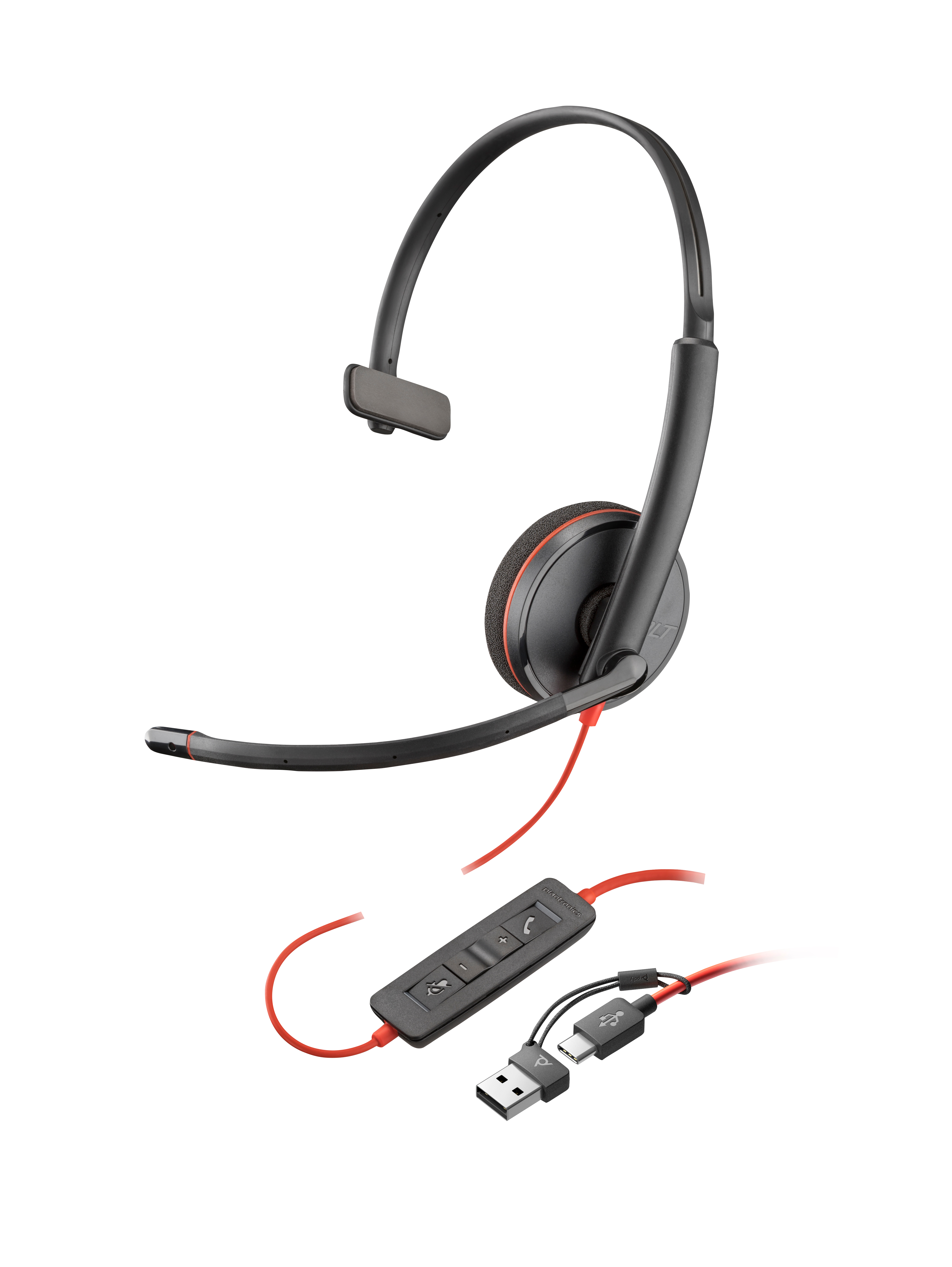 HP Poly Headset monaural Poly Blackwire 3210 com USB-C (Preto) + Adaptador USB-C/A (a granel)