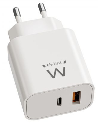 Ewent Carregador rápido USB-C PD e USB-A QC de 20W GaN, design compacto