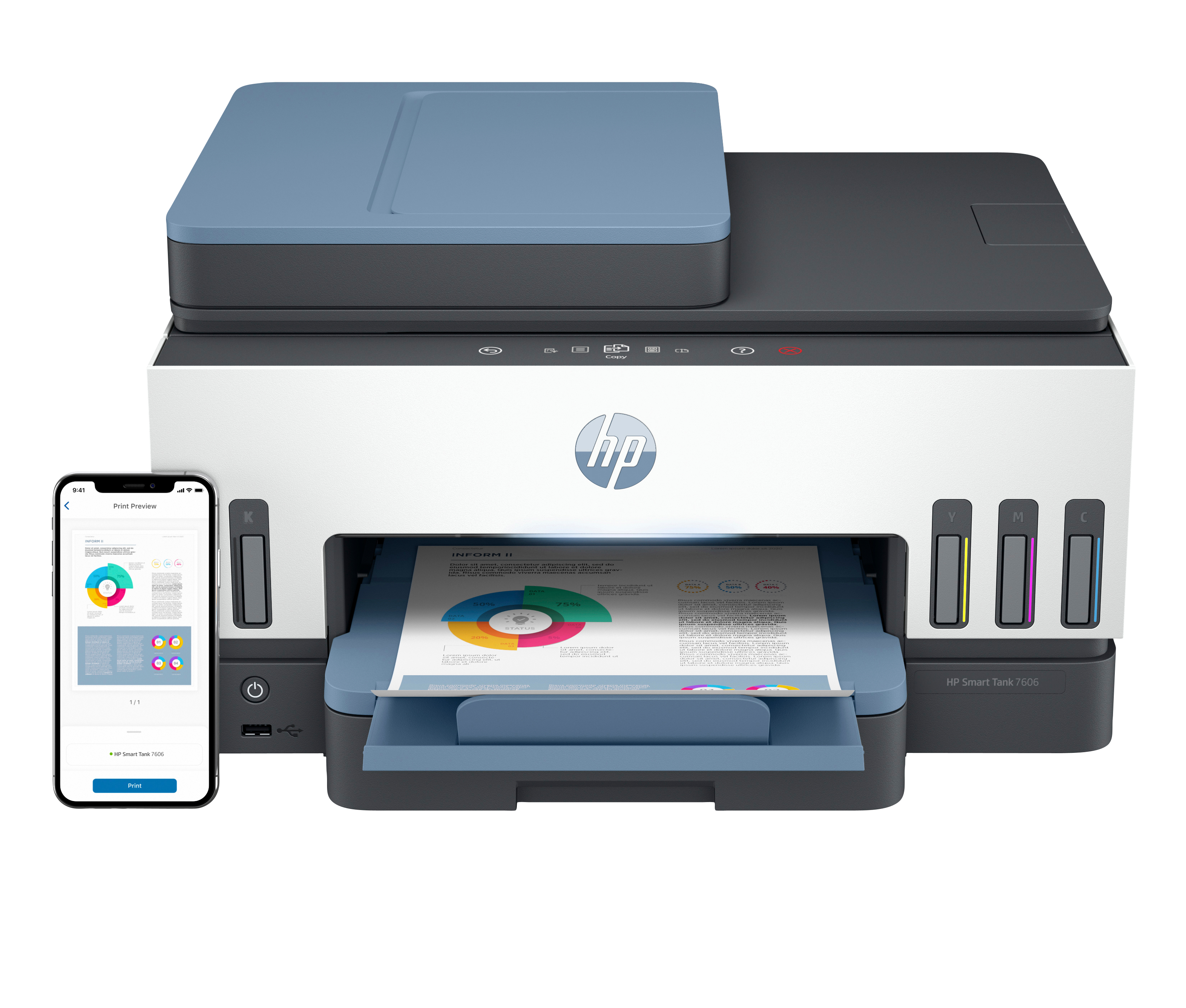 HP Smart Tank 7606 Sem fios All-in-One Cor Impressora, Impressão frente e verso; Copiadora, scanner