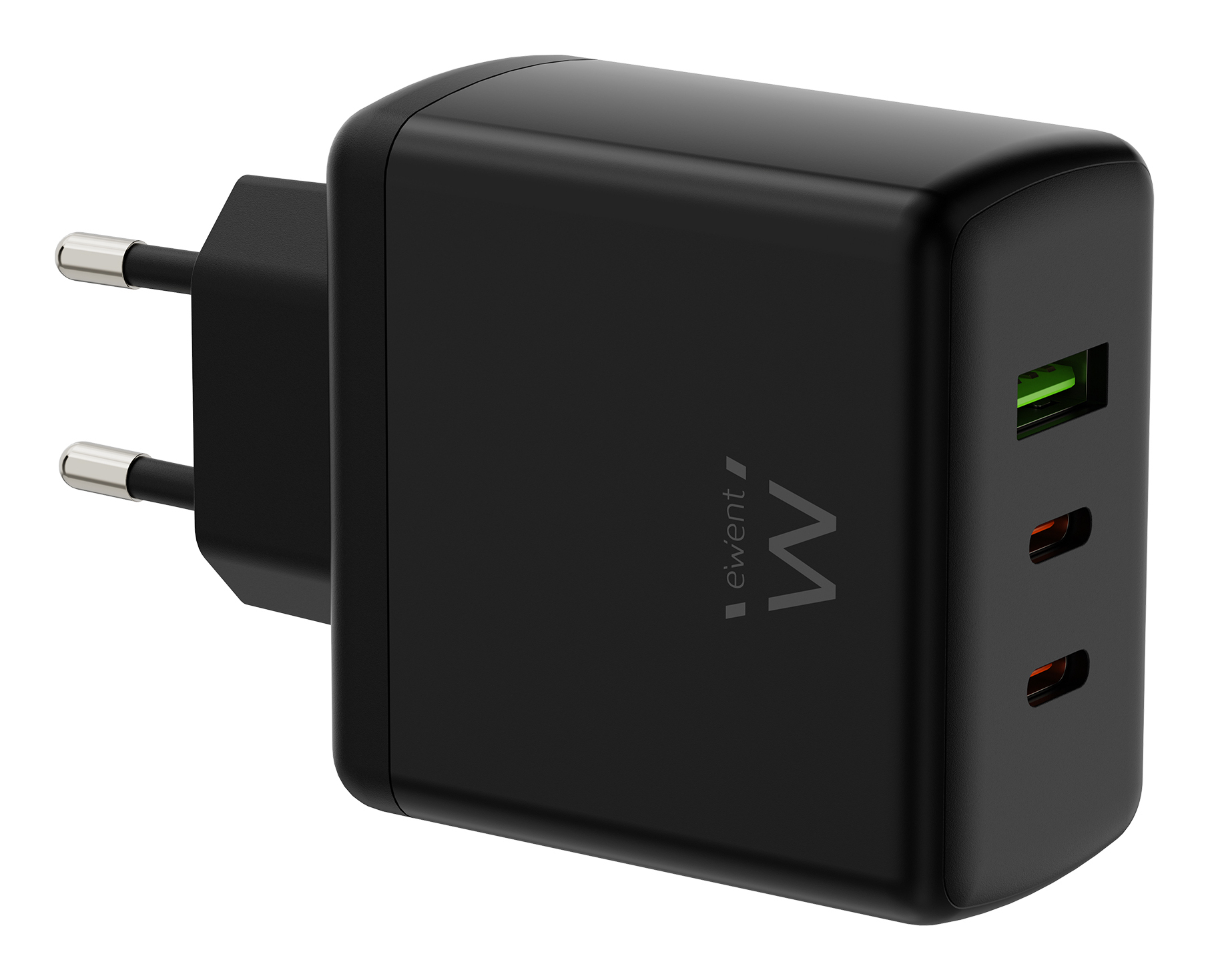 Ewent Carregador GaN Fast de 3 portas (2 USB-C PD e 1 USB-A QC) de 65W, Design Compacto